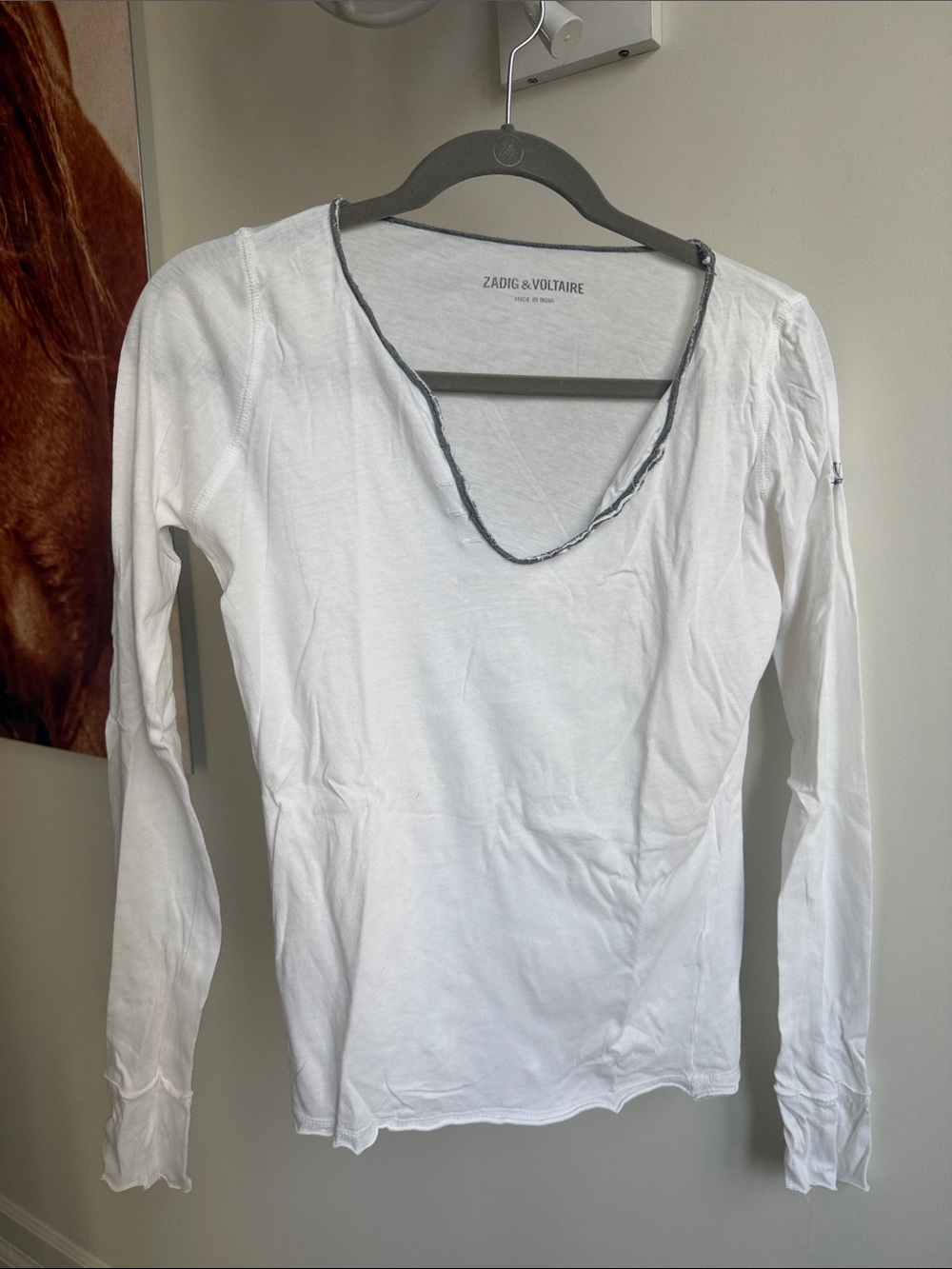 Zadig & Voltaire White Long-Sleeve Scoop Neck Tee with Contrast Trim